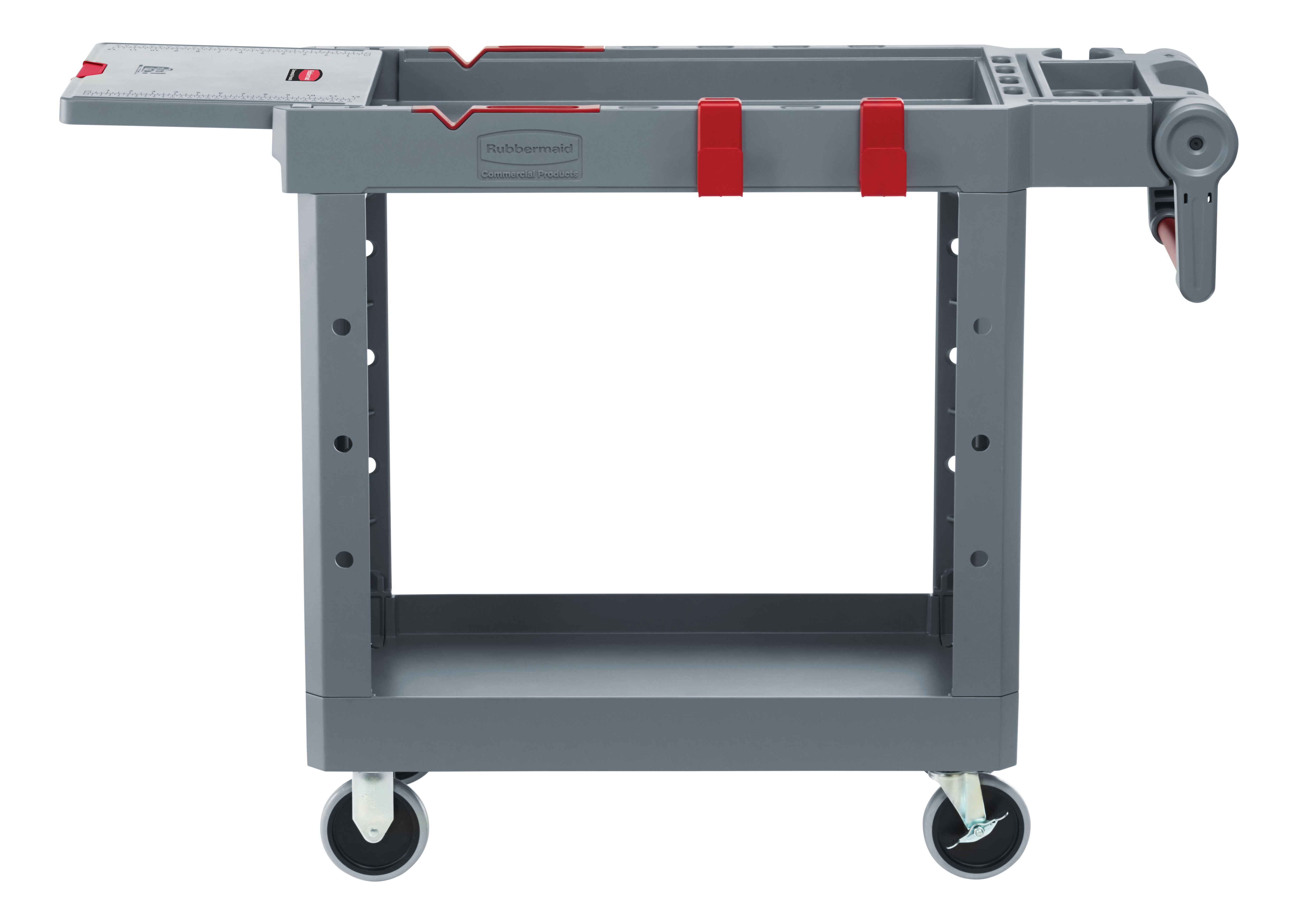 The Heavy Duty Adaptable Cart from Rubbermaid Commercial provides superior versatility for tackling whatever task is at hand. It reduces the need for time-consuming user modifications with a variety of integrated features including: an ergonomic adjustable handle with four positions for maximum comfort, a flip-up shelf, locking casters, and numerous storage features designed to help organize tools and small parts.