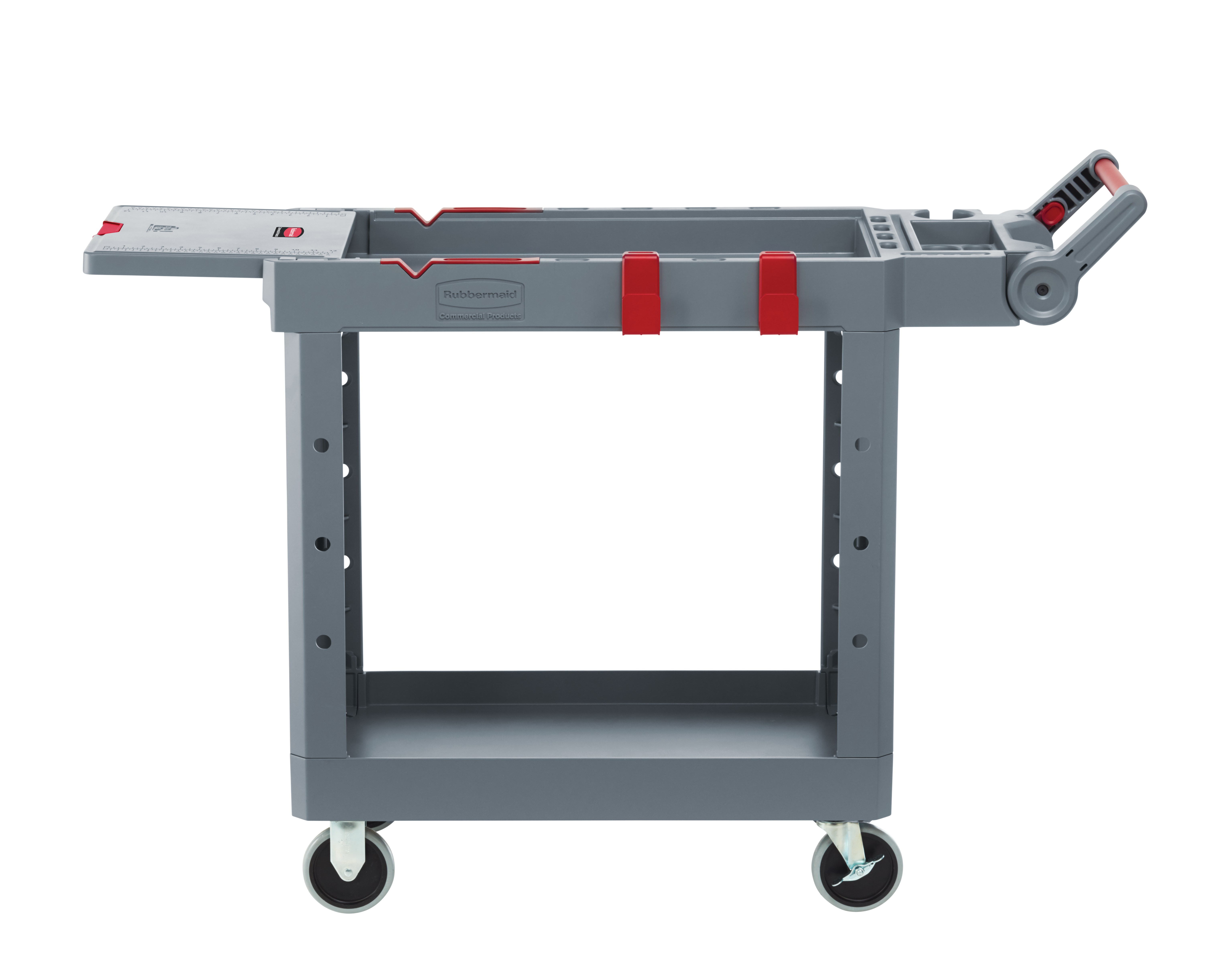 The Heavy Duty Adaptable Cart from Rubbermaid Commercial provides superior versatility for tackling whatever task is at hand. It reduces the need for time-consuming user modifications with a variety of integrated features including: an ergonomic adjustable handle with four positions for maximum comfort, a flip-up shelf, locking casters, and numerous storage features designed to help organize tools and small parts.