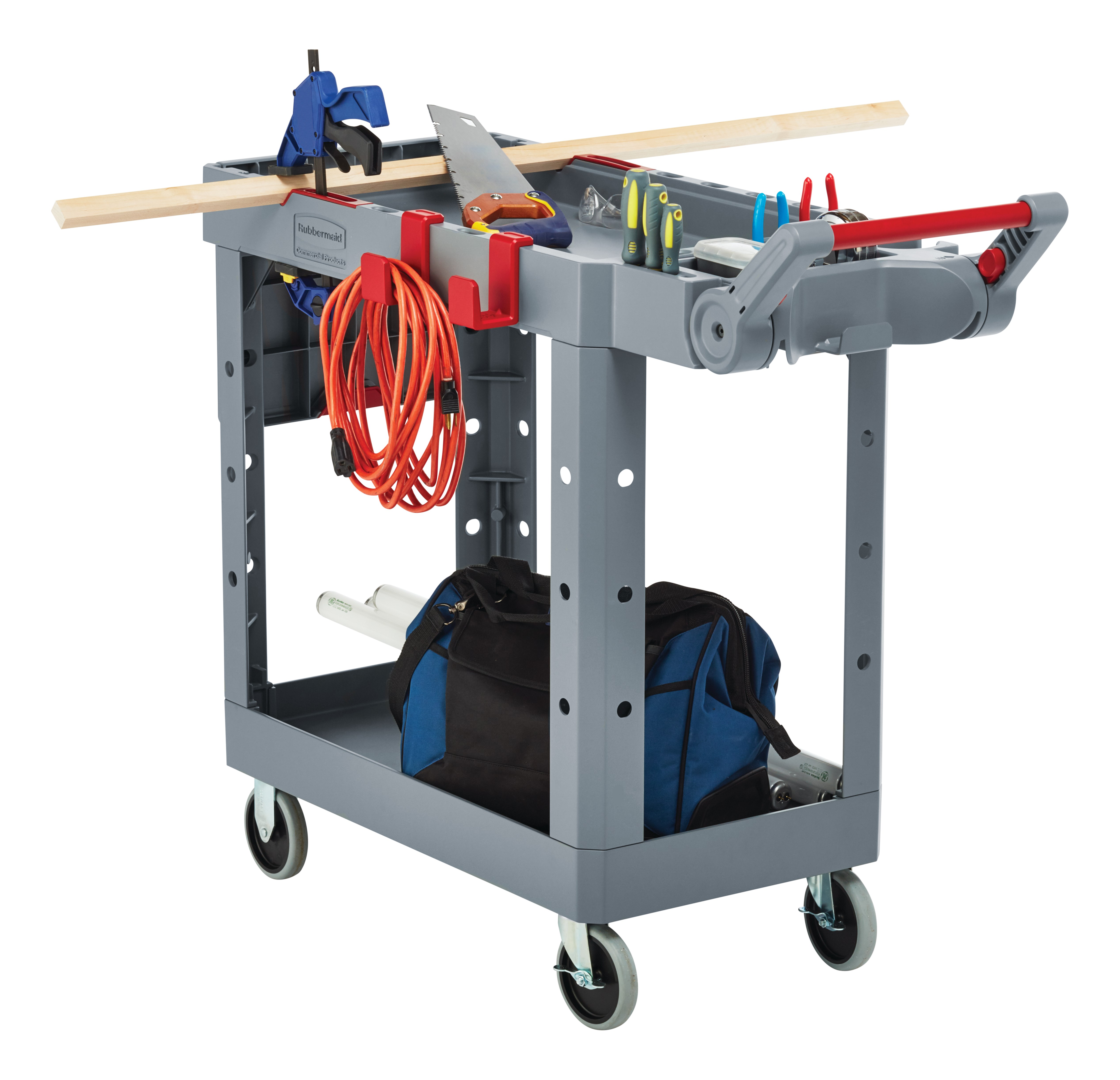 The Heavy Duty Adaptable Cart from Rubbermaid Commercial provides superior versatility for tackling whatever task is at hand. It reduces the need for time-consuming user modifications with a variety of integrated features including: an ergonomic adjustable handle with four positions for maximum comfort, a flip-up shelf, locking casters, and numerous storage features designed to help organize tools and small parts.
