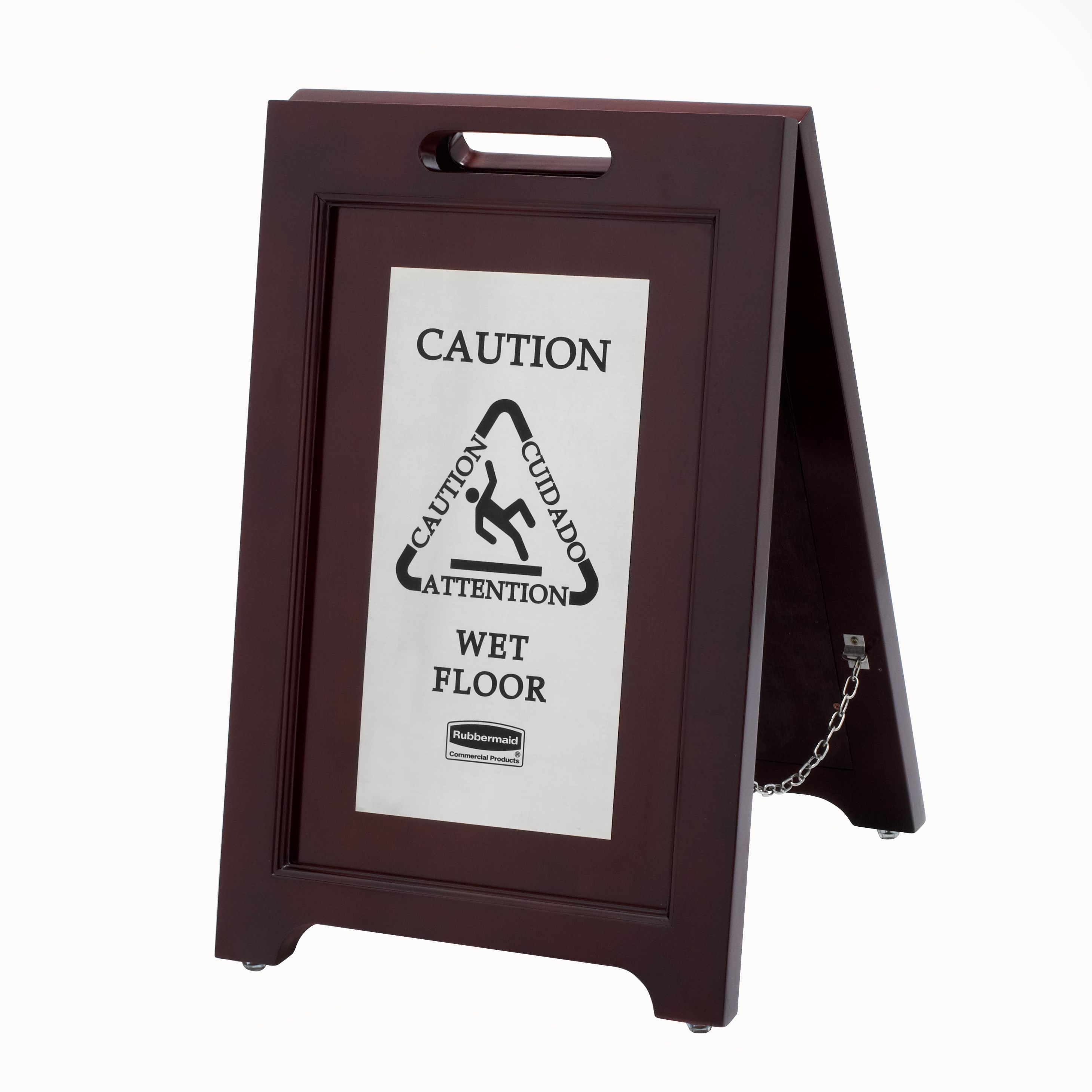 Elegant, dark hardwood "Caution" Sign is 2-sided for effective multilingual safety communication that won't disrupt a building's image.