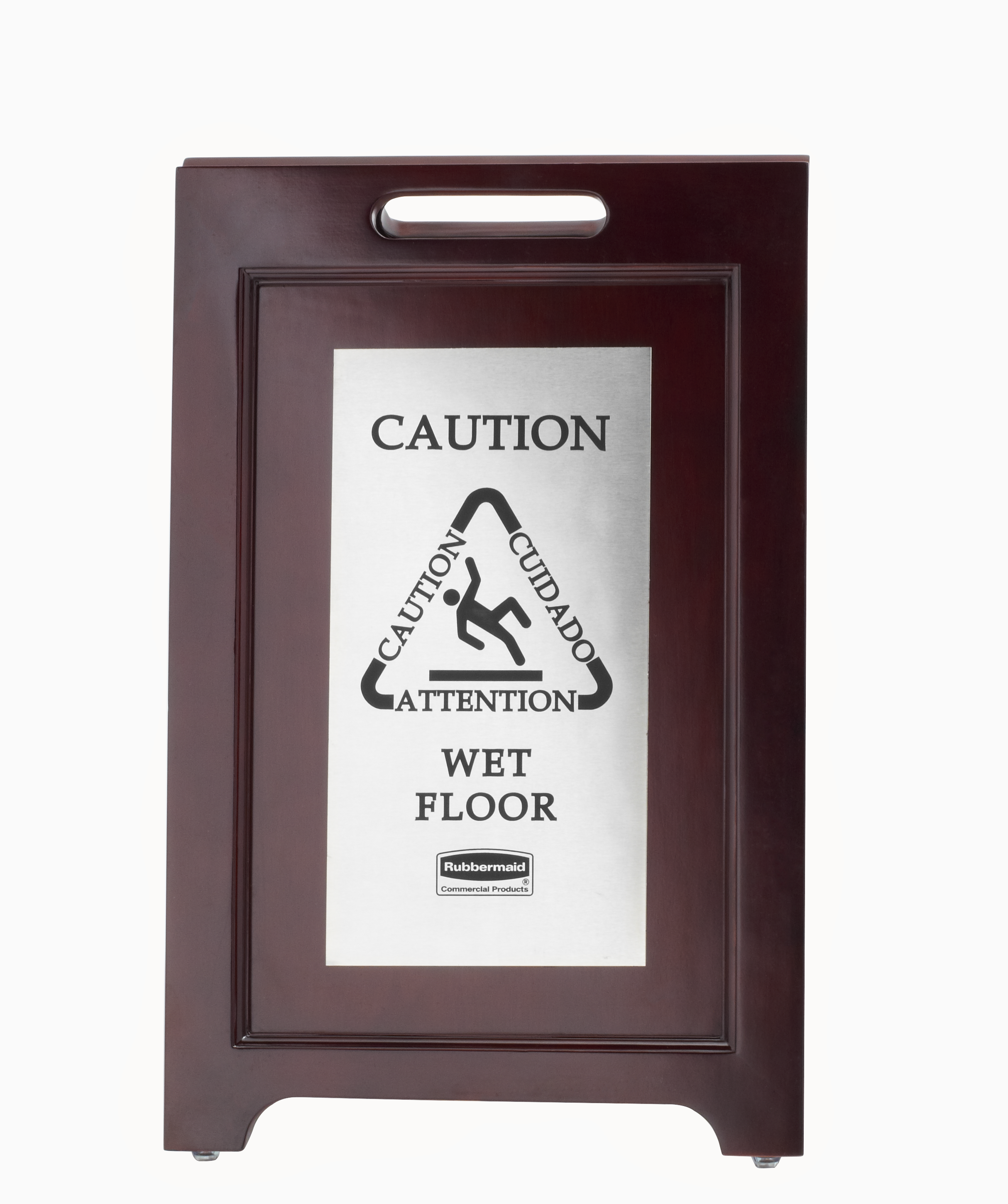 Das elegante 2-seitige „Caution“-Warnschild (Vorsicht!) aus dunklem Hartholz gewährleistet eine effektive mehrsprachige Sicherheitskommunikation, die das Erscheinungsbild eines Gebäudes nicht stört.