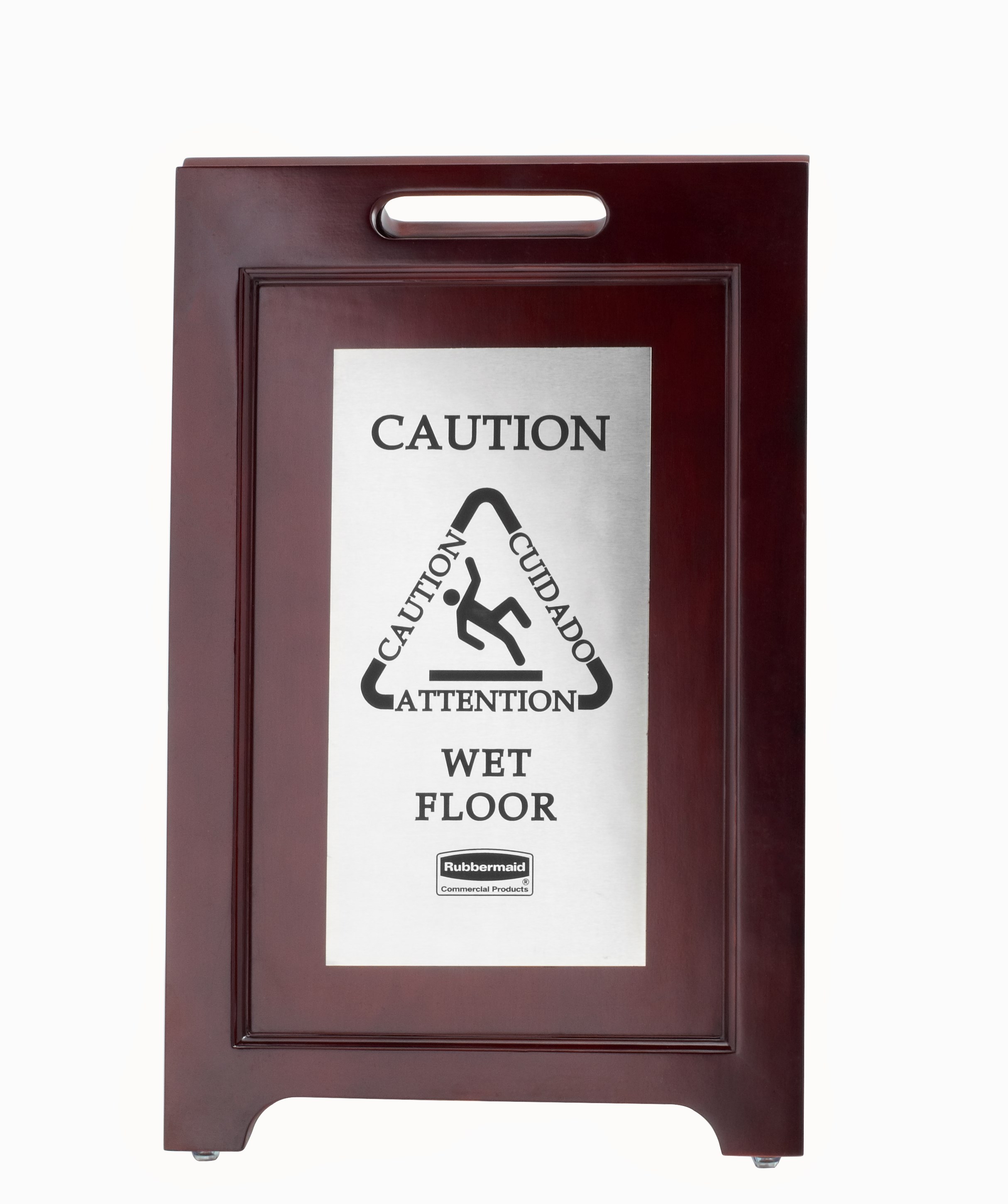 Elegant, dark hardwood "Caution" Sign is 2-sided for effective multilingual safety communication that won't disrupt a building's image.