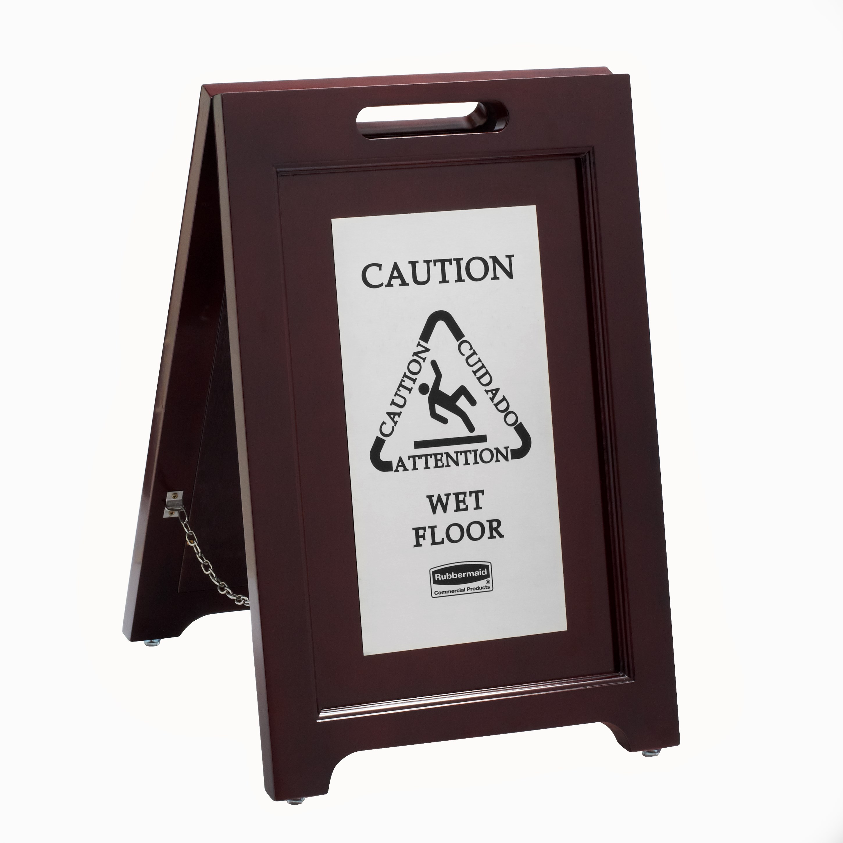 Elegant, dark hardwood "Caution" Sign is 2-sided for effective multilingual safety communication that won't disrupt a building's image.