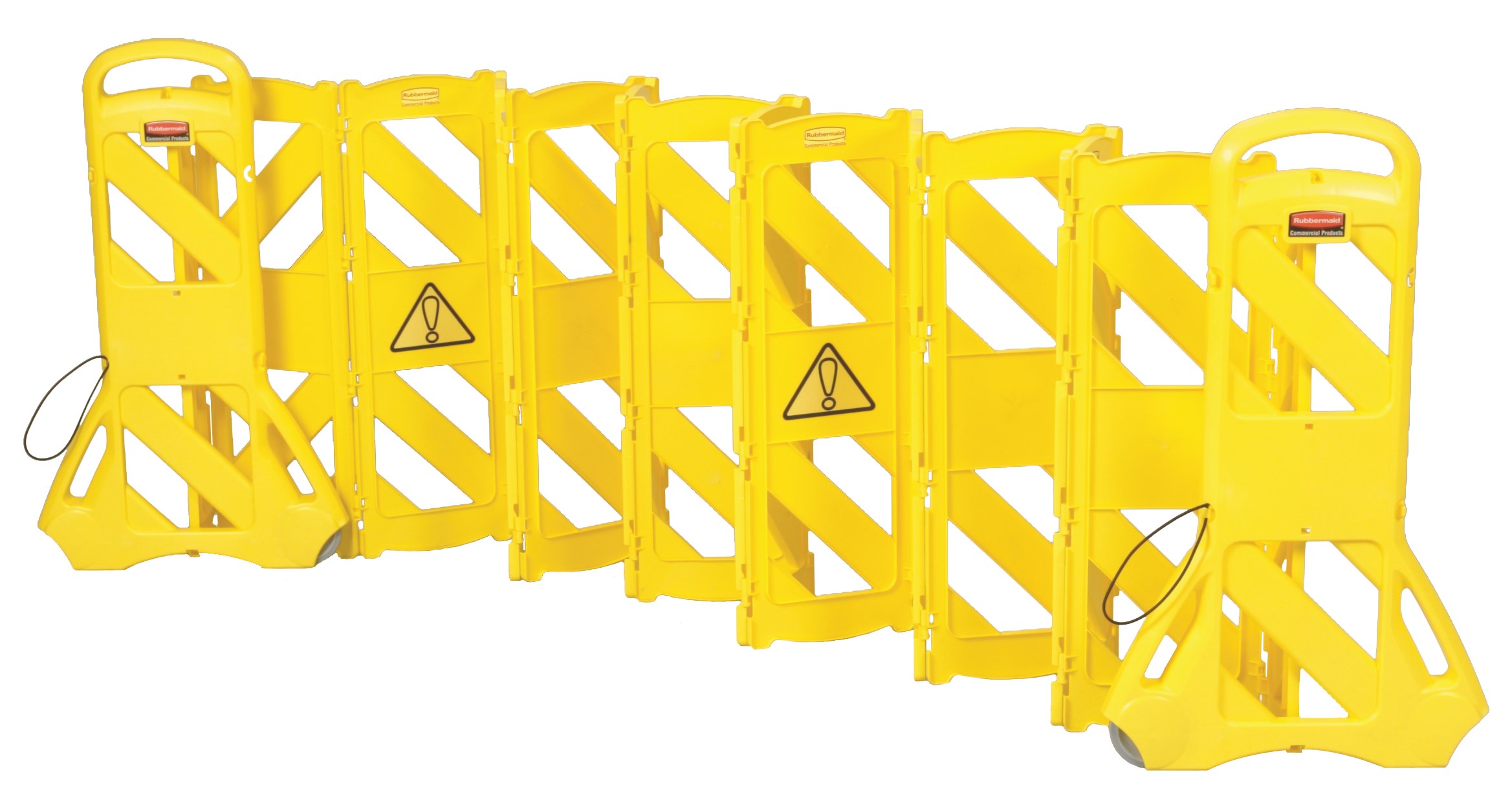 Easy to use, easy to see, easy to move, and easy to store mobile barrier uses articulating panels to extend to 13 feet long. It can be used straight, curved or circular. ANSI/OSHA-compliant colors.