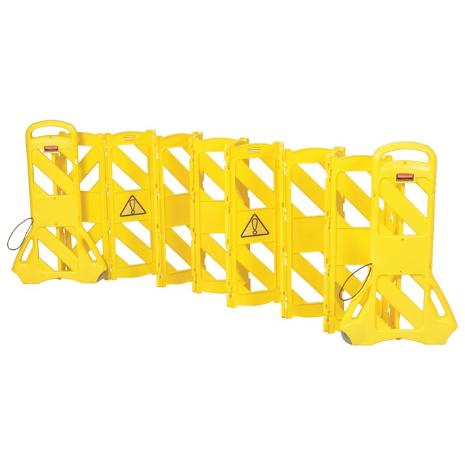 Easy to use, easy to see, easy to move, and easy to store mobile barrier uses articulating panels to extend to 13 feet long. It can be used straight, curved or circular. ANSI/OSHA-compliant colors.