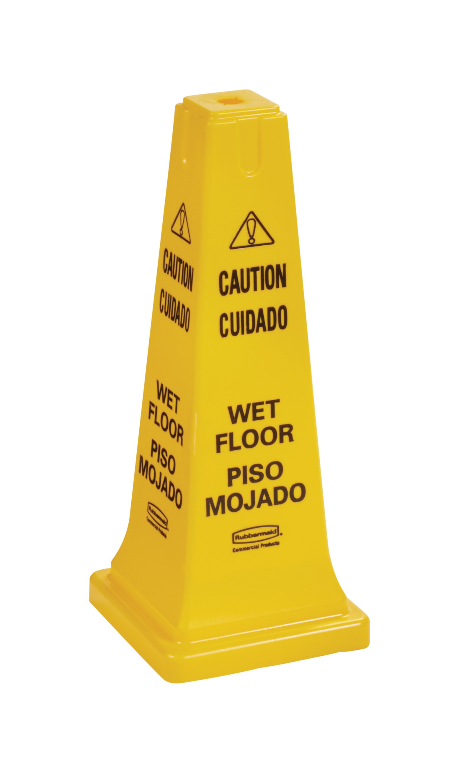 The Rubbermaid Commercial Multi-Lingual Safety Cone with "Caution Wet Floor" Imprint is a highly visible hazard protection sign. Features the 'caution' sign to warn pedestrians of potential dangers.