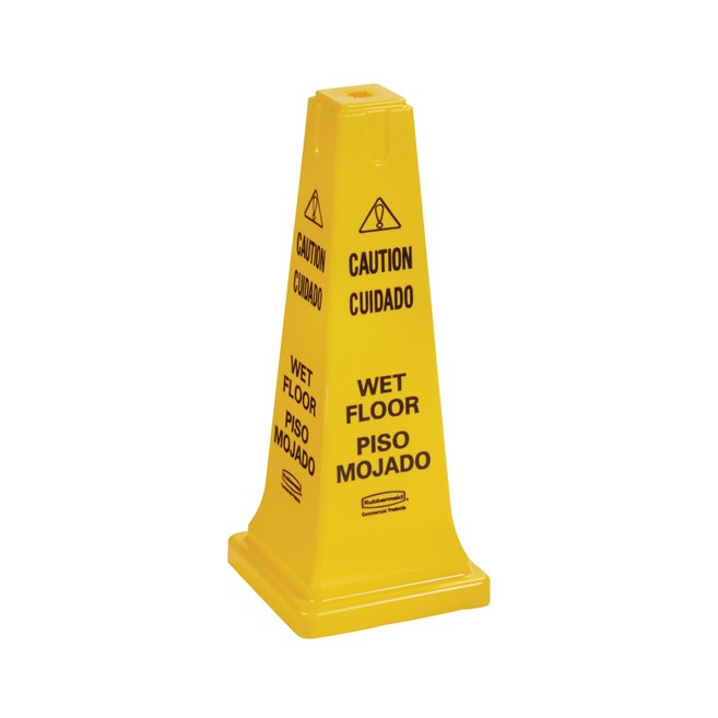 The Rubbermaid Commercial Multi-Lingual Safety Cone with "Caution Wet Floor" Imprint is a highly visible hazard protection sign. Features the 'caution' sign to warn pedestrians of potential dangers.