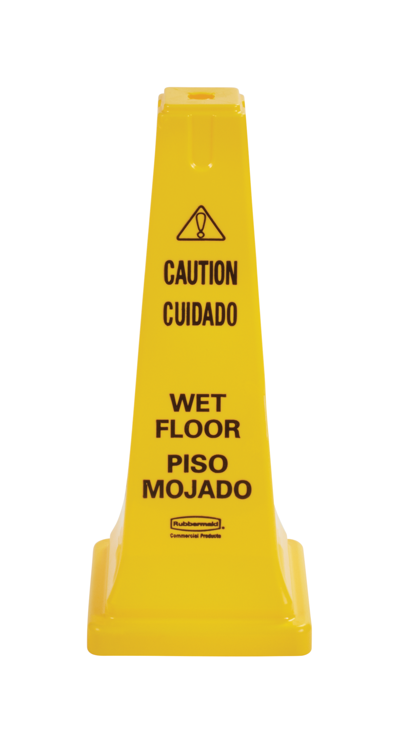 The Rubbermaid Commercial Multi-Lingual Safety Cone with "Caution Wet Floor" Imprint is a highly visible hazard protection sign. Features the 'caution' sign to warn pedestrians of potential dangers.