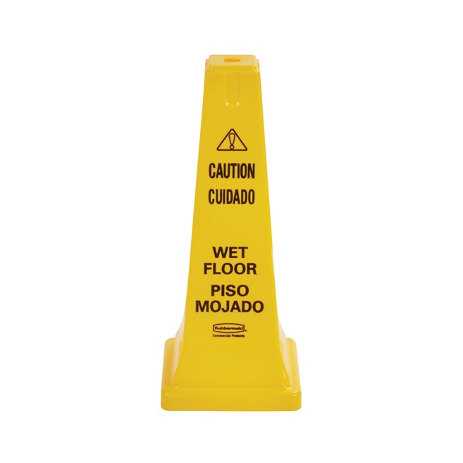 The Rubbermaid Commercial Multi-Lingual Safety Cone with "Caution Wet Floor" Imprint is a highly visible hazard protection sign. Features the 'caution' sign to warn pedestrians of potential dangers.