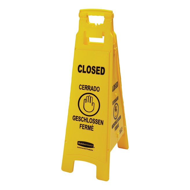 Lightweight "Closed" sign is 4-sided for effective multilingual safety communication and utilizes ANSI/OSHA-compliant color and graphics.