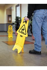 Señal estable multilingüe de seguridad con aviso «Cuidado», a dos caras, 66 cm, amarilla