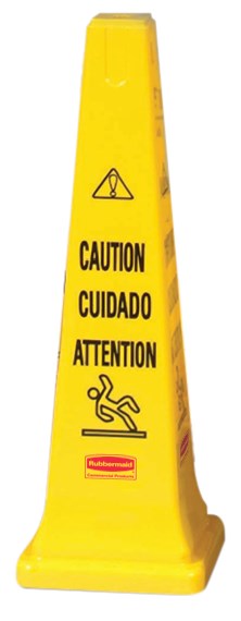 Highly visible, 36", bright yellow hazard protection cone. Multilingual safety communication utilizes ANSI/OSHA-compliant color.
