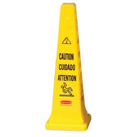 Highly visible, 36", bright yellow hazard protection cone. Multilingual safety communication utilizes ANSI/OSHA-compliant color.