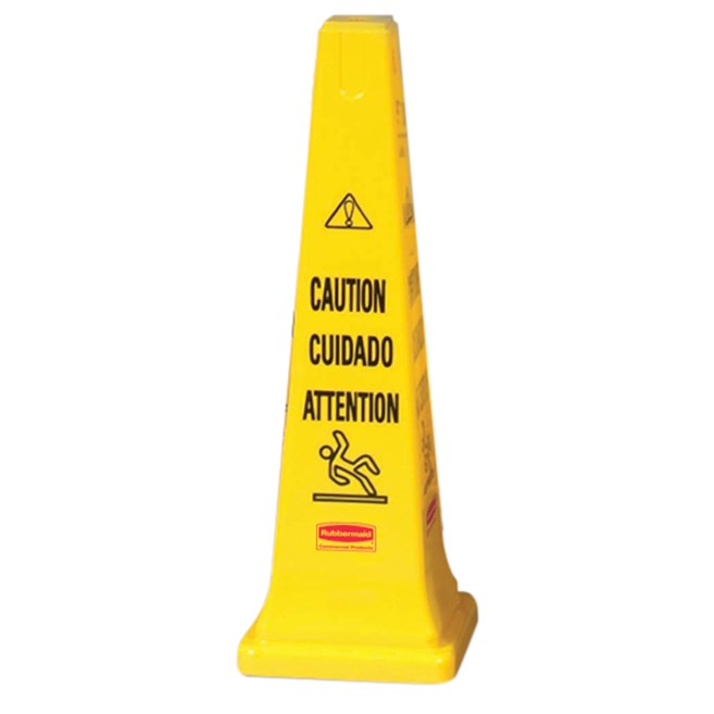 Highly visible, 36", bright yellow hazard protection cone. Multilingual safety communication utilizes ANSI/OSHA-compliant color.