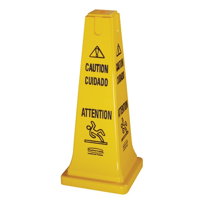 Gut sichtbarer, gelber Sicherheits- und Gefahrenschutzkegel, 64 cm. Mehrsprachige Sicherheitskommunikation in ANSI- / OSHA-konformer Farbe.
