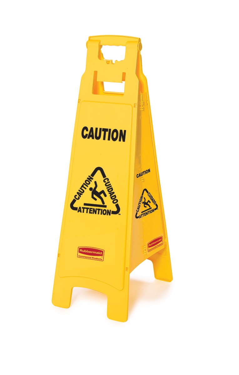 Lightweight "Caution" sign is 4-sided for effective multilingual safety communication and utilizes ANSI/OSHA-compliant color and graphics.