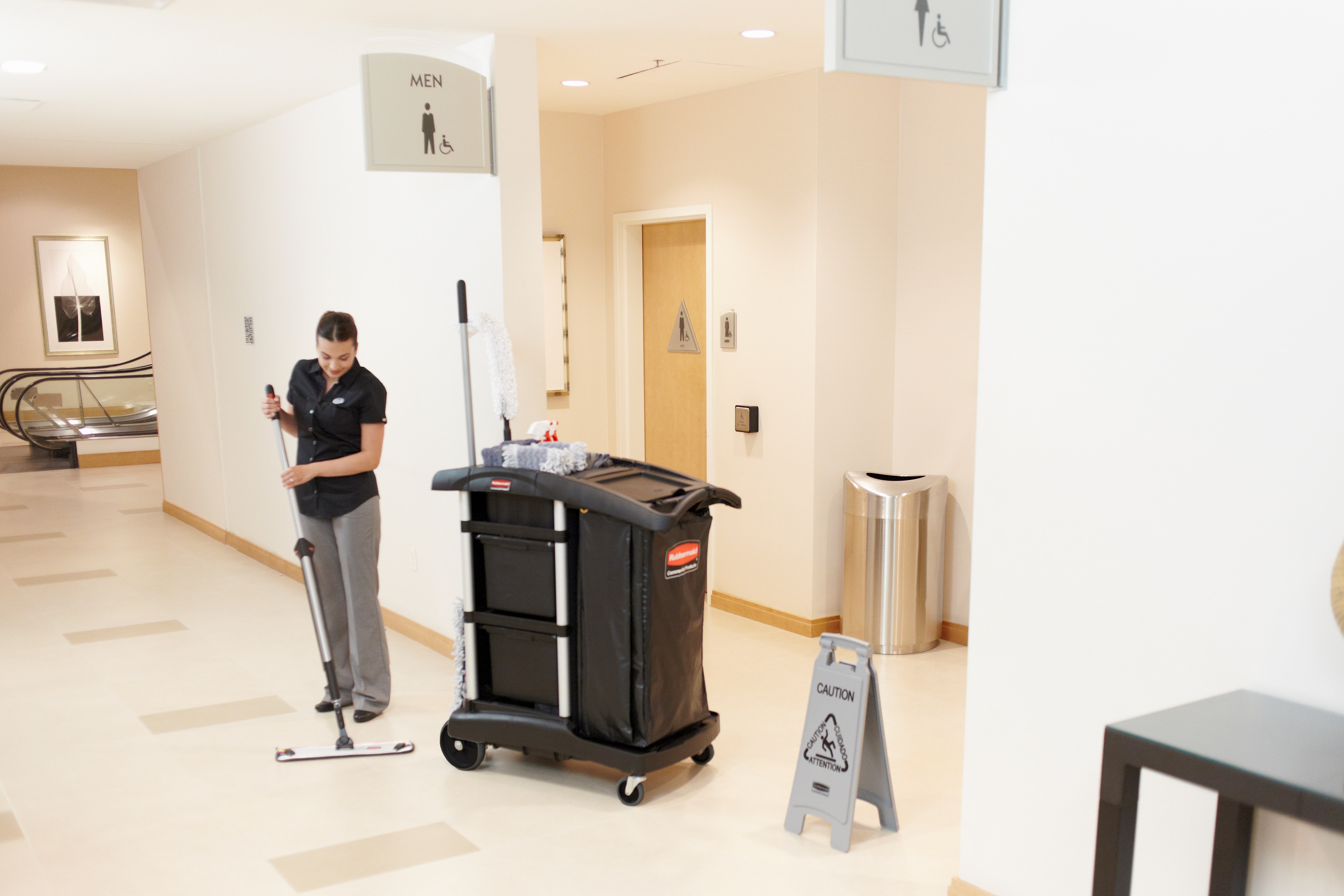 Sleek, lightweight "Caution" sign is 2-sided for effective multilingual safety communication that won't disrupt a building's image.