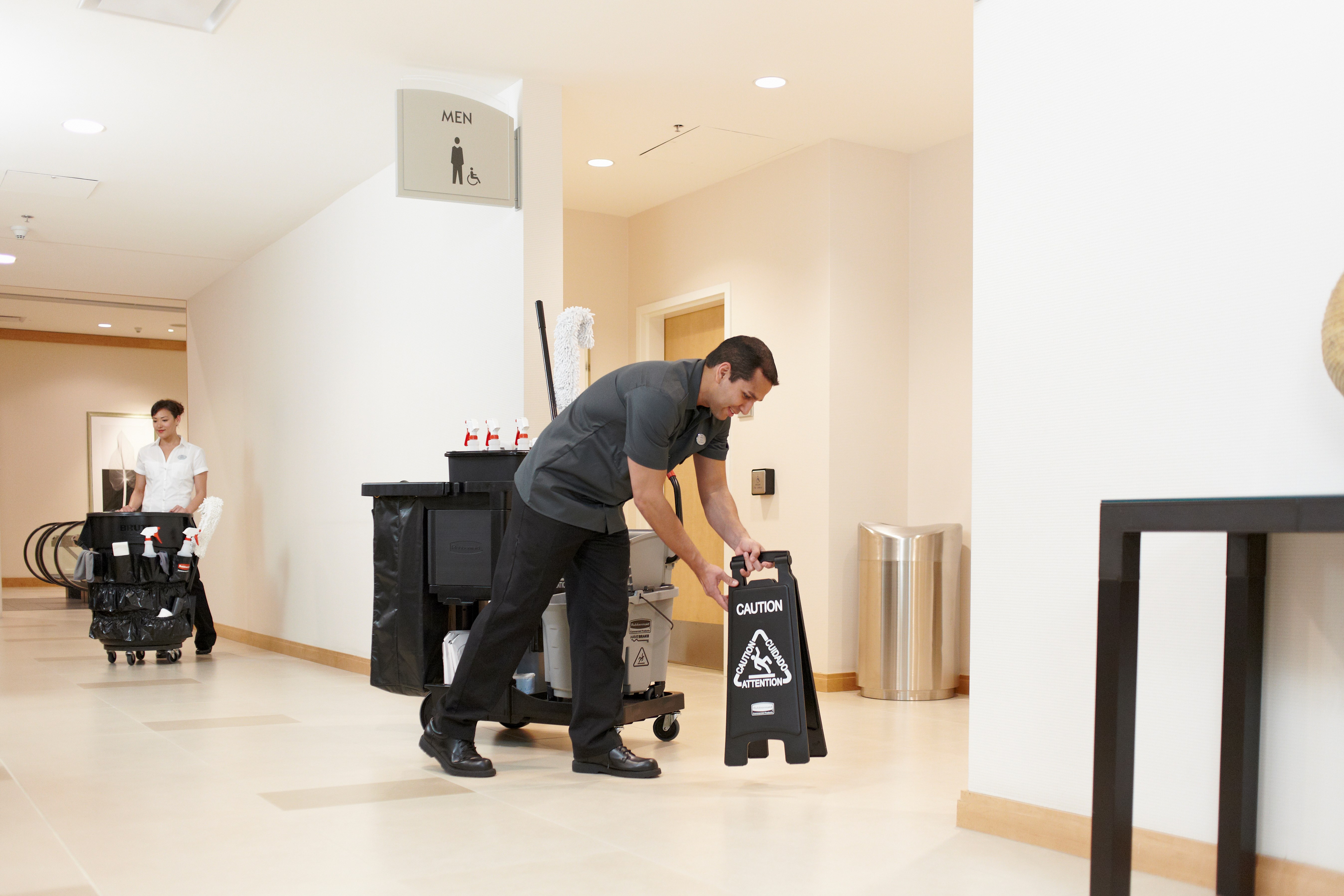 Sleek, lightweight "Caution" sign is 2-sided for effective multilingual safety communication that won't disrupt a building's image.