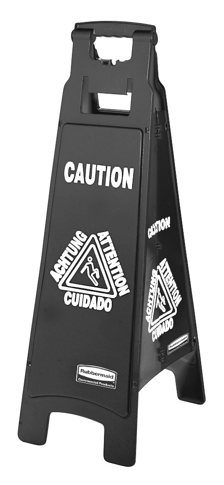 Sleek, lightweight sign is 4-sided and 38" tall for effective multilingual safety communication that won't disrupt a building's image.