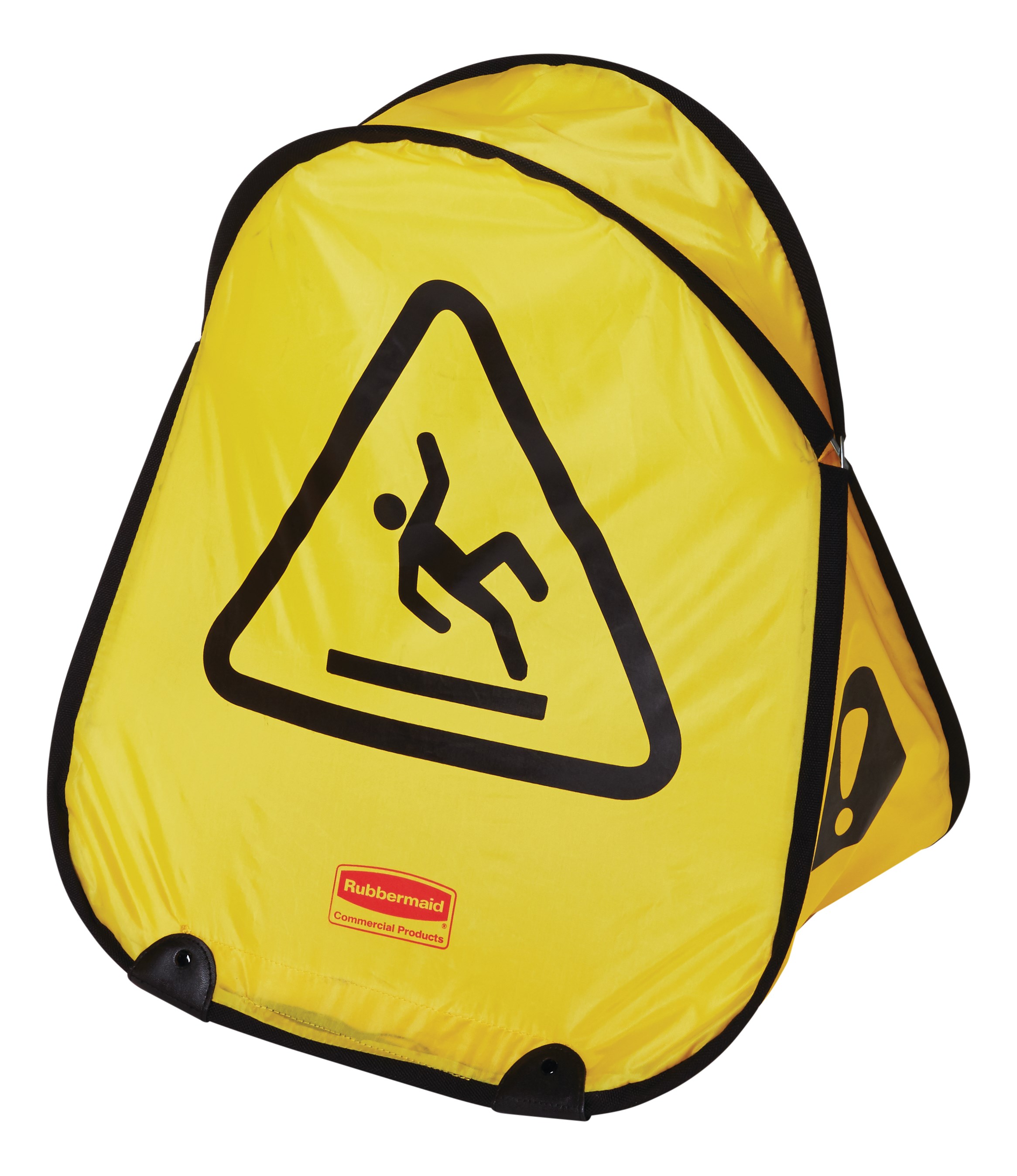 Large cone folds with a simple twist and slides into compact shell for handy storage. International Wet Floor Symbol communication utilizes ANSI/OSHA-compliant color and graphics.