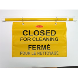 "Closed For Cleaning" hanging sign is on an extendable pole to block doorways and entrances up to 50" wide and utilizes ANSI/OSHA-compliant color