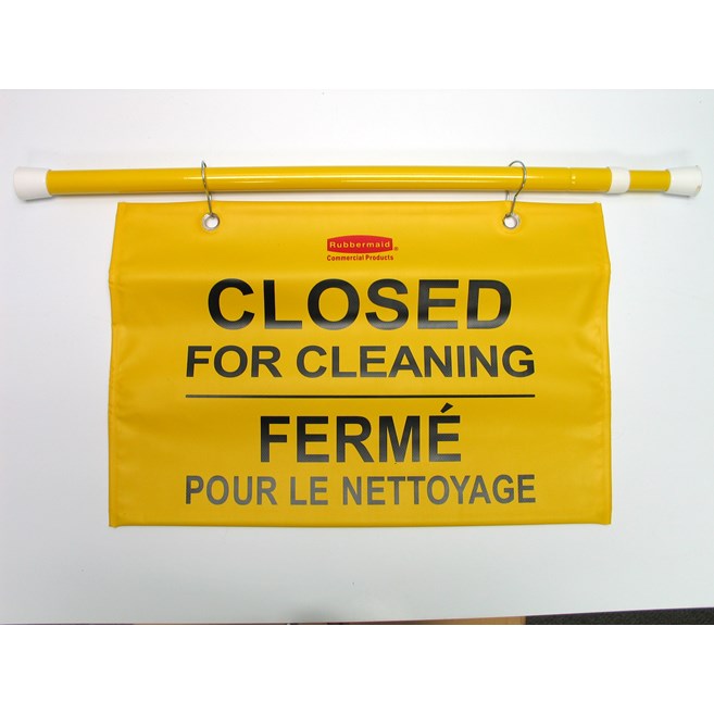 "Closed For Cleaning" hanging sign is on an extendable pole to block doorways and entrances up to 50" wide and utilizes ANSI/OSHA-compliant color