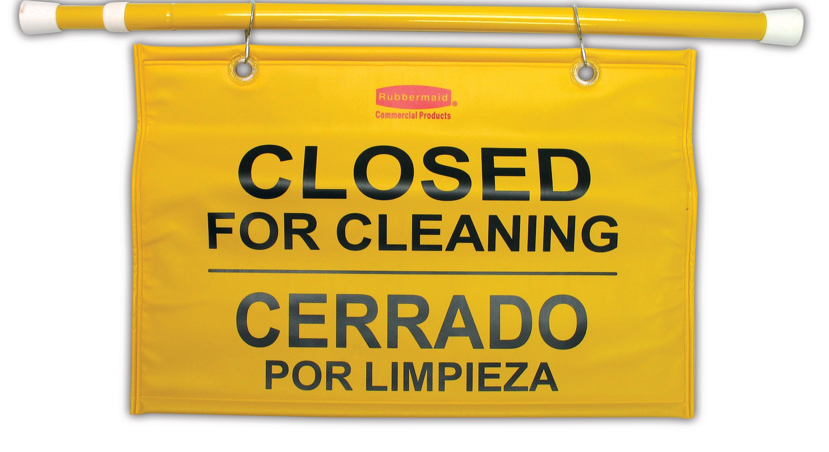 "Closed For Cleaning" hanging sign is on an extendable pole to block doorways and entrances up to 50" wide and utilizes ANSI/OSHA-compliant color