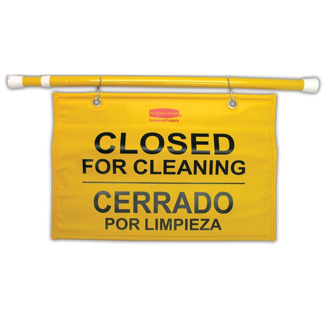 "Closed For Cleaning" hanging sign is on an extendable pole to block doorways and entrances up to 50" wide and utilizes ANSI/OSHA-compliant color