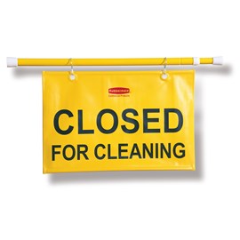 "Closed For Cleaning" hanging sign is on an extendable pole to block doorways and entrances up to 50" wide and utilizes ANSI/OSHA-compliant color