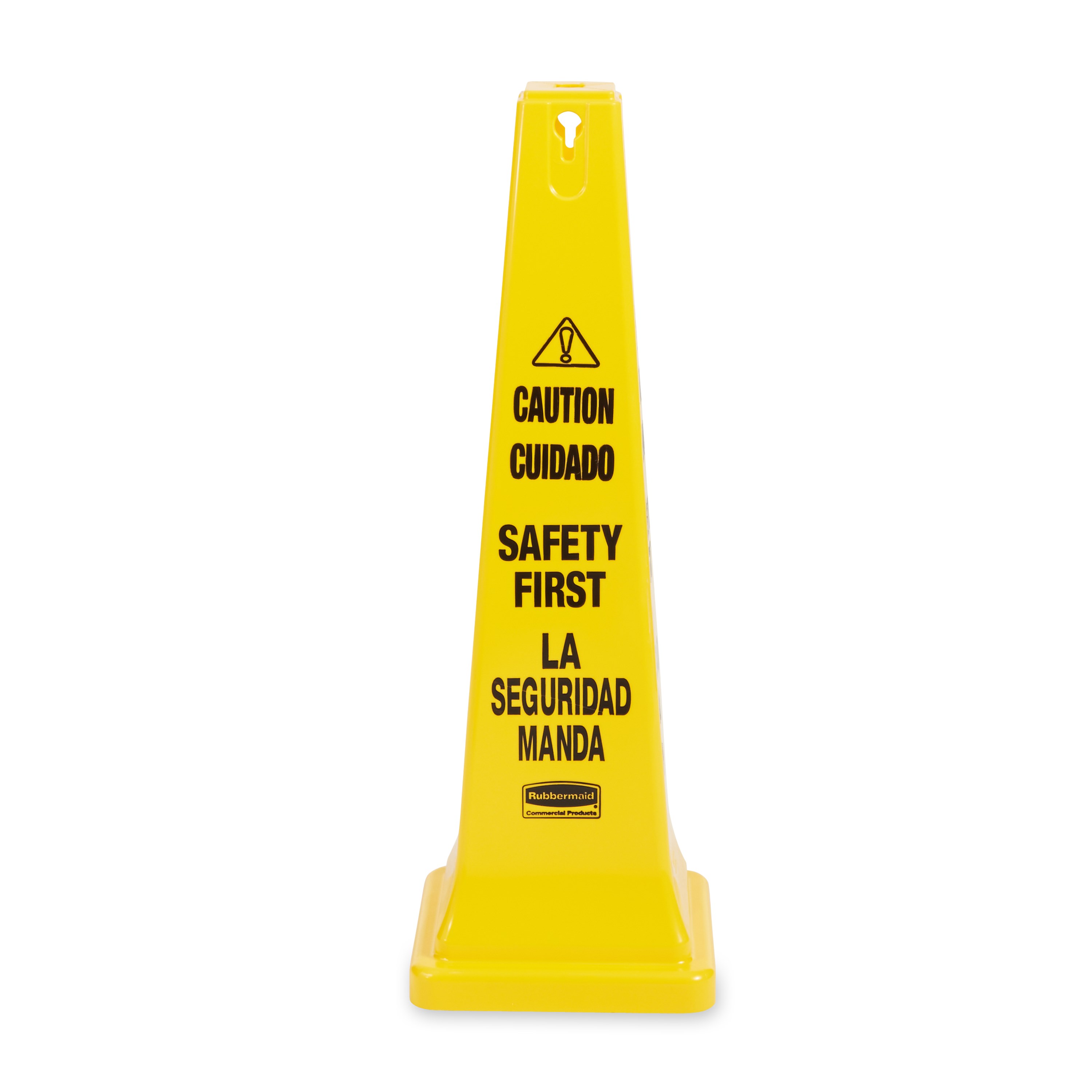 Highly visible, 36", bright yellow hazard protection cone. English/Spanish safety communication utilizes ANSI/OSHA-compliant color and graphics.