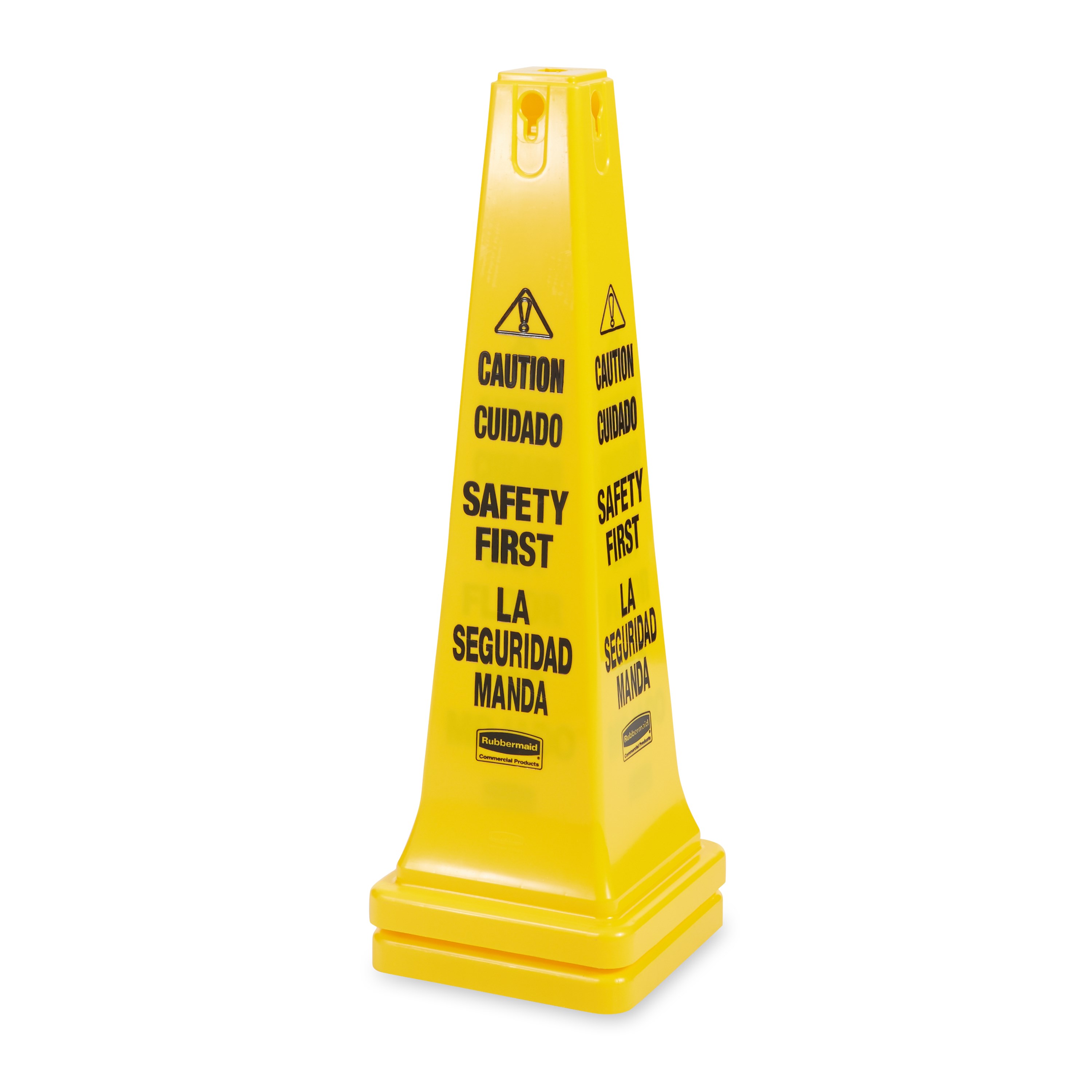 Highly visible, 36", bright yellow hazard protection cone. English/Spanish safety communication utilizes ANSI/OSHA-compliant color and graphics.