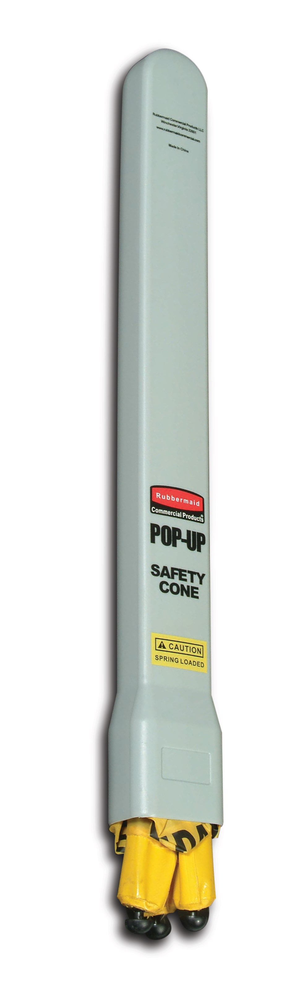 Collapsible sign automatically deploys when removed from wall-mounted storage tube. Multilingual safety communication utilizes ANSI/OSHA-compliant color and graphics
