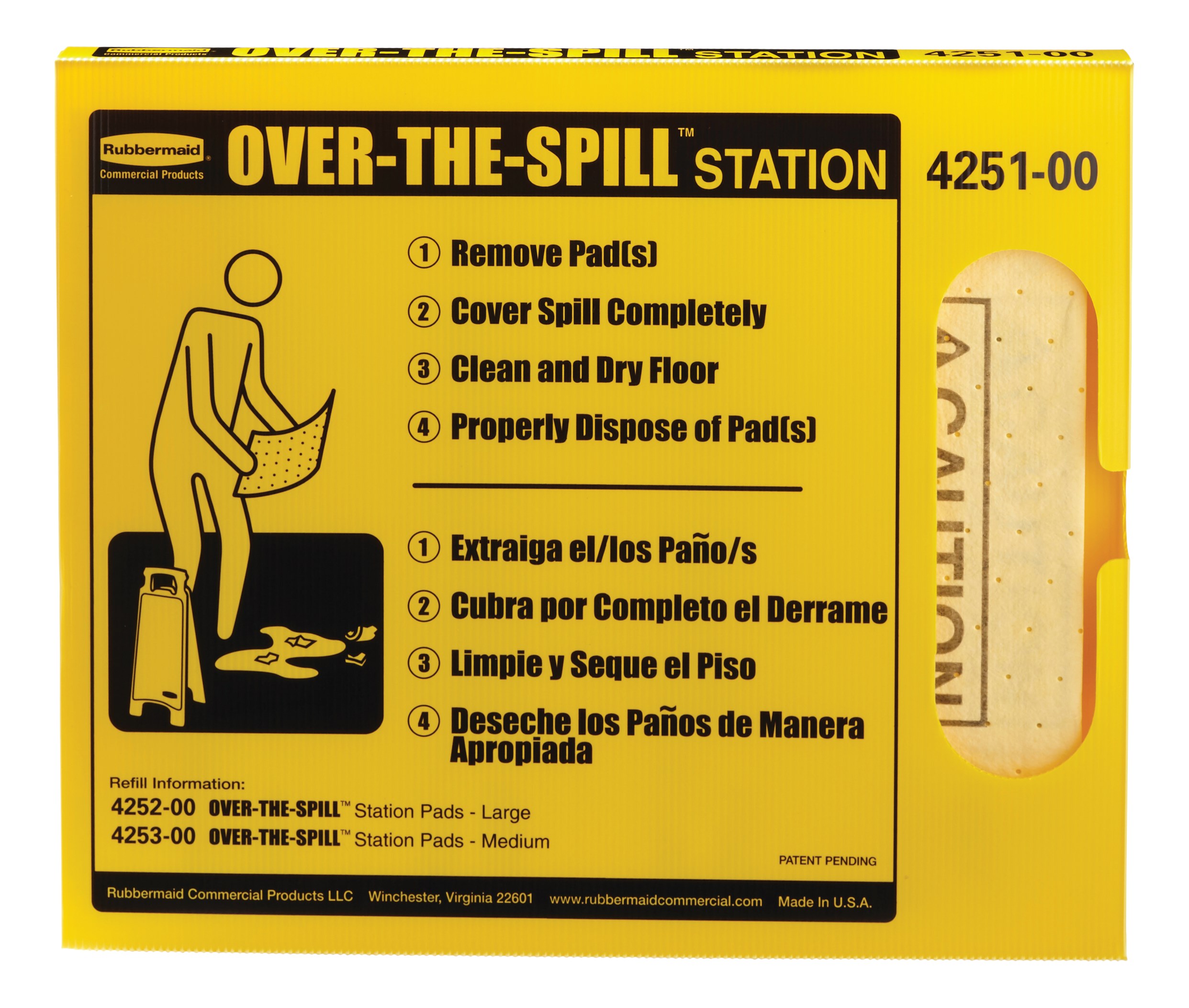 Dispensing station mounts on flat surfaces and has pads that soak up water and oil quickly and completely for an effective way to deal with spills.