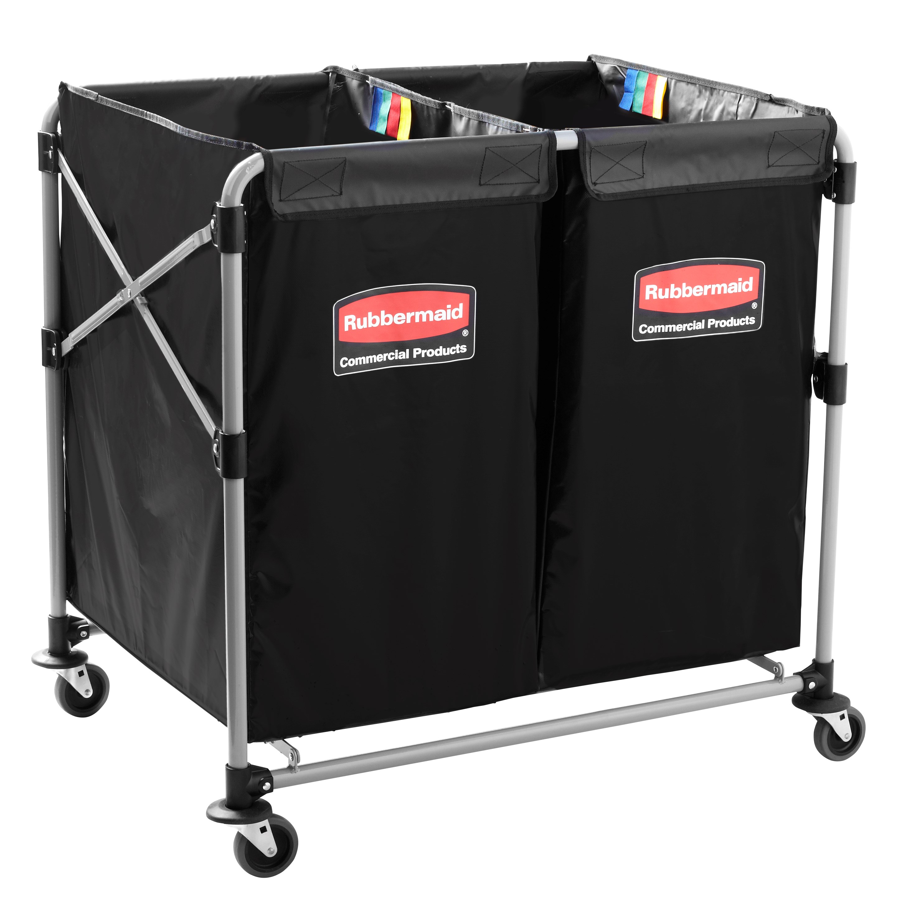 The Rubbermaid Commercial 1881781 Executive Series Multi-Stream, Collapsible X-Cart Basket, Two 4-Bushel bags, 220 lbs load capacity, Black.