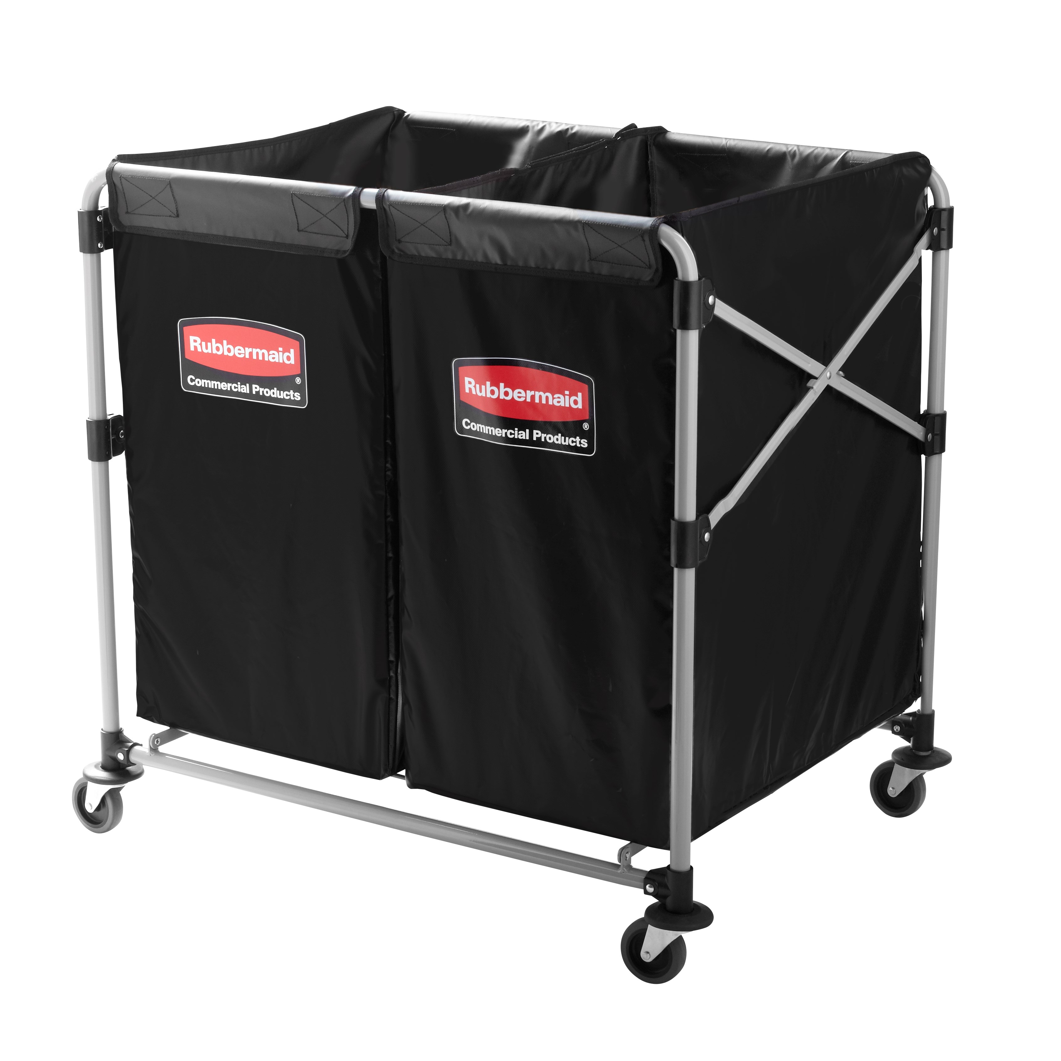 The Rubbermaid Commercial 1881781 Executive Series Multi-Stream, Collapsible X-Cart Basket, Two 4-Bushel bags, 220 lbs load capacity, Black.