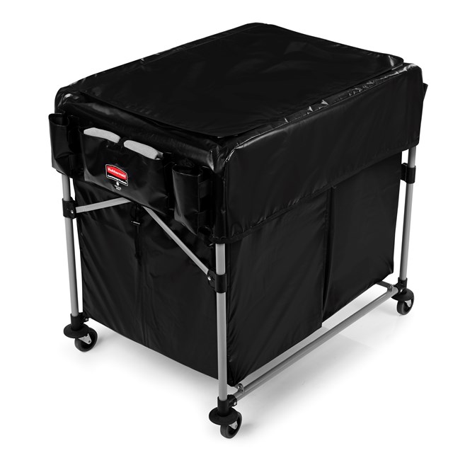 The Rubbermaid Commercial 1881781 Executive Series Multi-Stream, Collapsible X-Cart Basket, Two 4-Bushel bags, 220 lbs load capacity, Black.