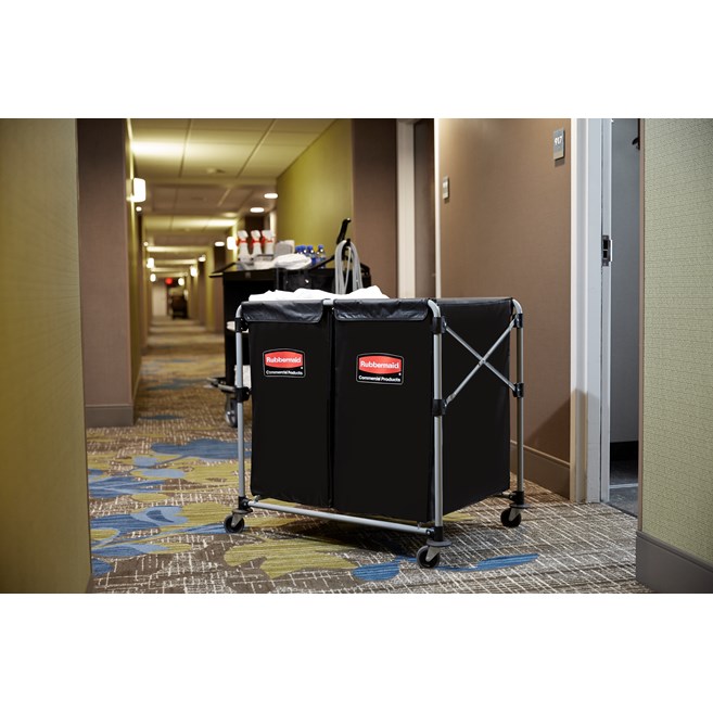 The Rubbermaid Commercial 1881781 Executive Series Multi-Stream, Collapsible X-Cart Basket, Two 4-Bushel bags, 220 lbs load capacity, Black.