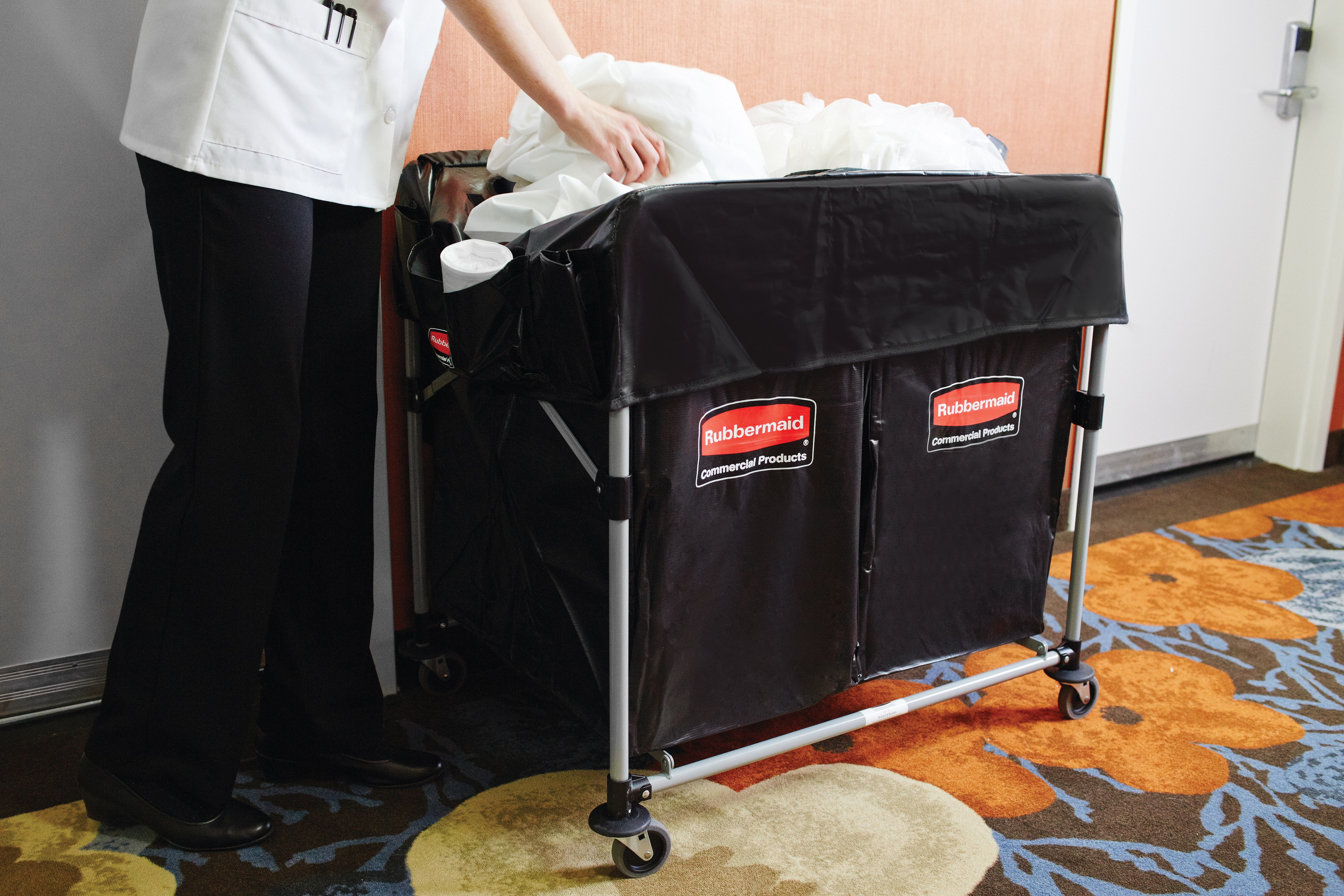 The Rubbermaid Commercial 1881781 Executive Series Multi-Stream, Collapsible X-Cart Basket, Two 4-Bushel bags, 220 lbs load capacity, Black.