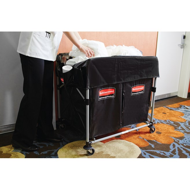 The Rubbermaid Commercial 1881781 Executive Series Multi-Stream, Collapsible X-Cart Basket, Two 4-Bushel bags, 220 lbs load capacity, Black.