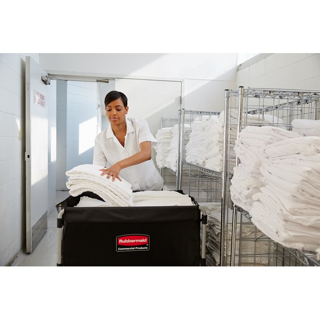 The Rubbermaid Commercial 1881750 Executive Series Collapsible X-Cart Basket, 8-Bushel, 220 lbs load capacity, Black.