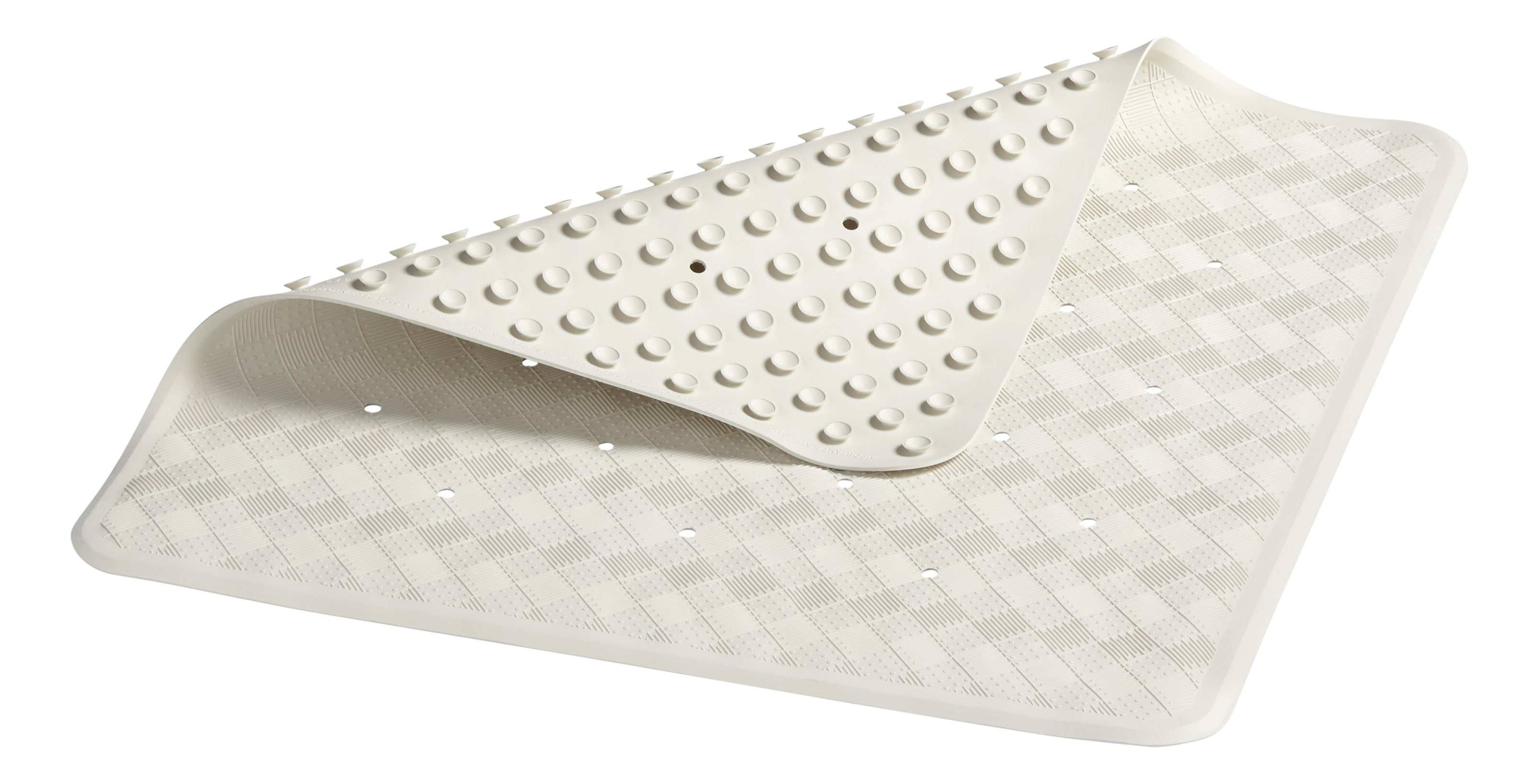Safti-Grip® Bath Mat is perfect for a shower stall or bathtub. Suction-backed to stay firmly in place. Latex-free construction. Textured surface prevents slippage. Shower mat is perforated for improved drainage. Mildew-resistant.