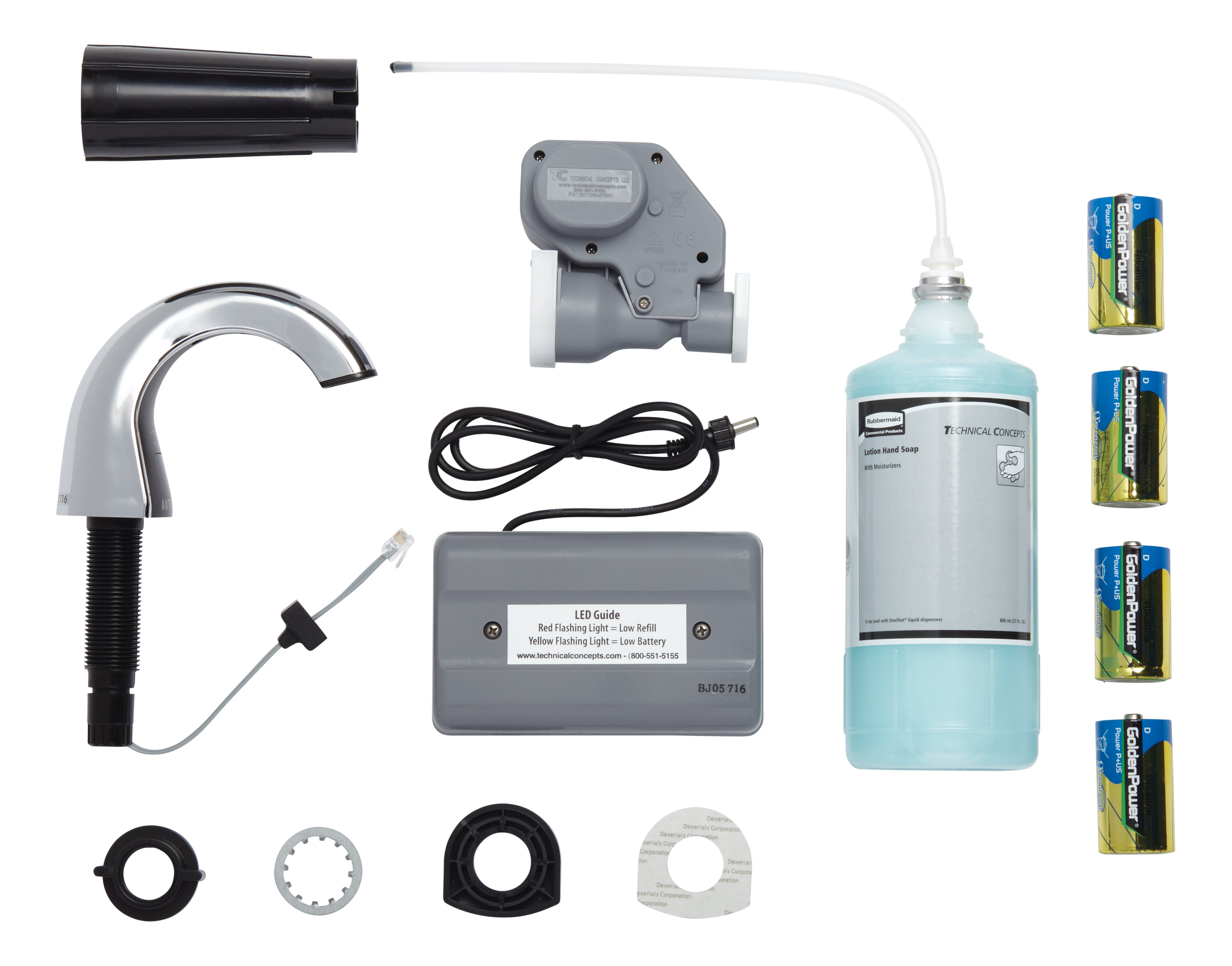 The OneShot® Lotion System includes a touch-free, automatic dispenser that helps prevent the spread of germs and bacteria. Luxurious hand soap formula encourages healthy handwashing, and Smart Sensor™ technology detects hands, automatically delivering the perfect amount of soap — every time. The OneShot® Lotion Starter Kit includes Chrome/Black Lotion Dispenser (FG401528), 800 ml Hand Soap Refill and 4 D Batteries.