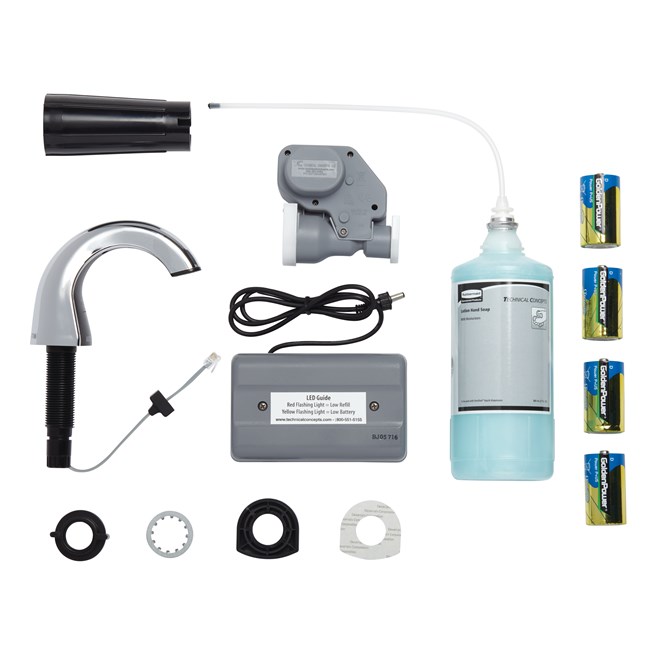 The OneShot® Lotion System includes a touch-free, automatic dispenser that helps prevent the spread of germs and bacteria. Luxurious hand soap formula encourages healthy handwashing, and Smart Sensor™ technology detects hands, automatically delivering the perfect amount of soap — every time. The OneShot® Lotion Starter Kit includes Chrome/Black Lotion Dispenser (FG401528), 800 ml Hand Soap Refill and 4 D Batteries.