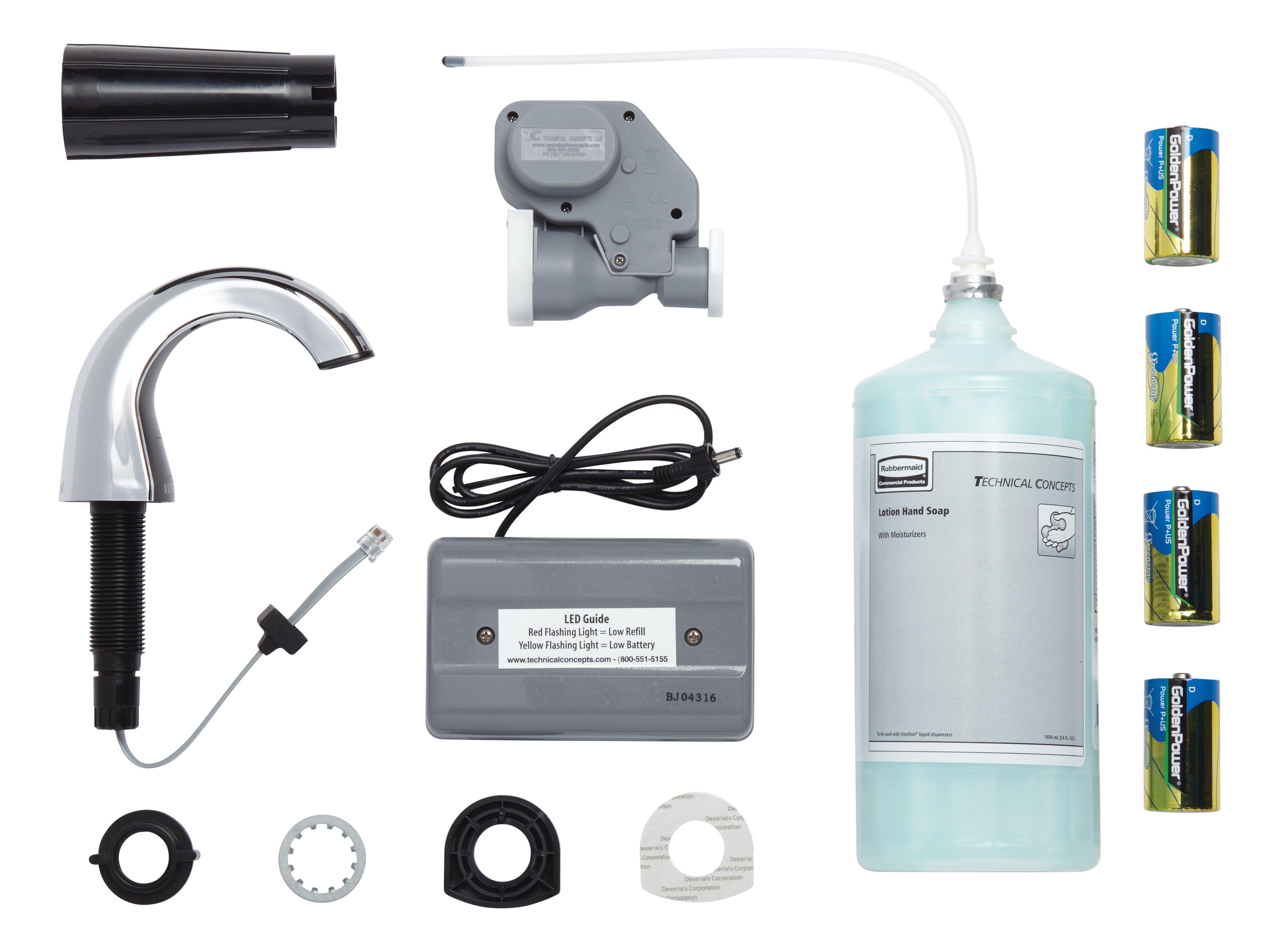 The OneShot® Lotion System includes a touch-free, automatic dispenser that helps prevent the spread of germs and bacteria. Luxurious hand soap formula encourages healthy handwashing, and Smart Sensor™ technology detects hands, automatically delivering the perfect amount of soap — every time. The OneShot® Lotion Starter Kit includes Chrome/Black Lotion Dispenser (FG401528), 1600 ml Hand Soap Refill and 4 D Batteries.