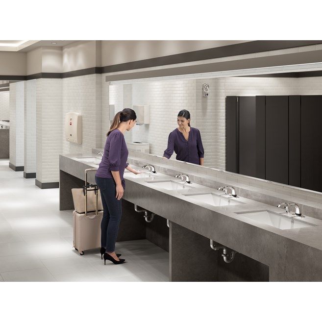 The AutoFaucet® is a user-friendly, automatic faucet that utilizes Surround Sensor™ Technology to dispense water only when needed. Touch-free activation helps reduce cross-contamination on user's hands.