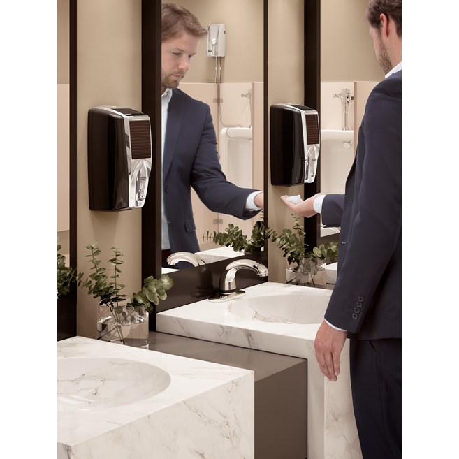 The AutoFoam Dispenser with LumeCel™ Technology is a touch-free dispenser that automatically delivers controlled amounts of soap or sanitizer to help reduce cross-contamination. LumeCel™ technology efficiently powers dispensers using only indoor light and eliminates the need to purchase, store, replace and dispose of alkaline batteries.