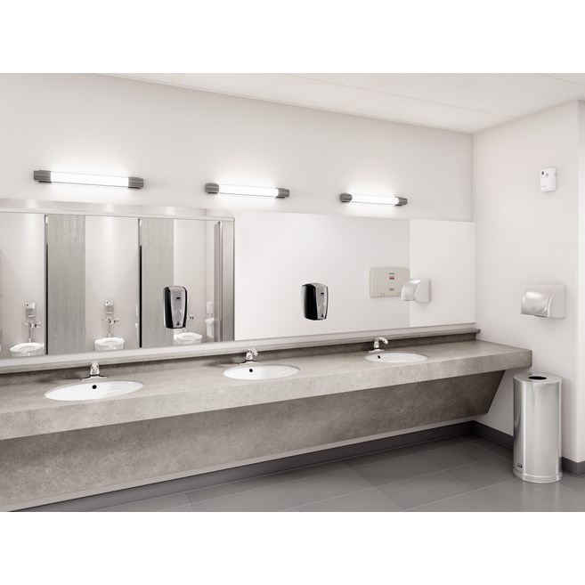 The AutoFoam Dispenser is a touch-free, wall-mounted system that dispenses controlled amounts of foam soap or sanitizer automatically to help prevent the spread of germs.