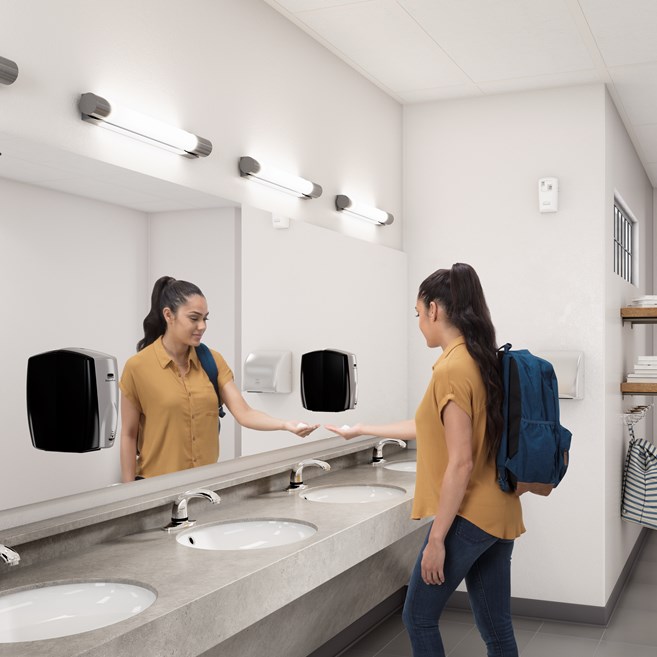 The AutoFoam Dispenser is a touch-free, wall-mounted system that dispenses controlled amounts of foam soap or sanitizer automatically to help prevent the spread of germs.