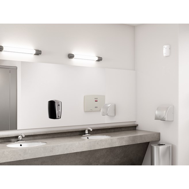 The AutoFoam Dispenser is a touch-free, wall-mounted system that dispenses controlled amounts of foam soap or sanitizer automatically to help prevent the spread of germs.