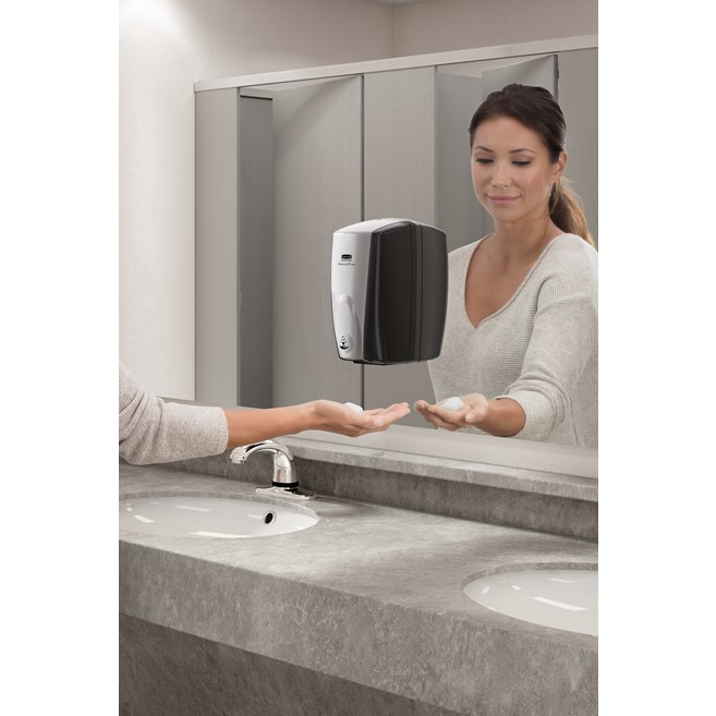 The AutoFoam Dispenser is a touch-free, wall-mounted system that dispenses controlled amounts of foam soap or sanitizer automatically to help prevent the spread of germs.